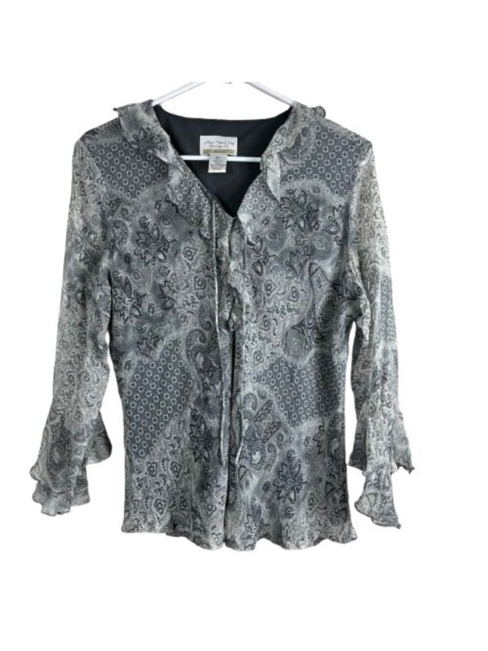 VTG Y2K New York City Design Co Silk Blouse Petite L Paisley Ruffle Whimsigoth